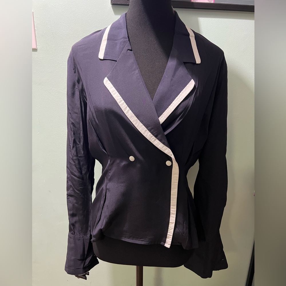 SUNG SPORT BY ALFRED SUNG Vtg Navy Blue Silk Trim Criss Cross Long Sleeve Blouse